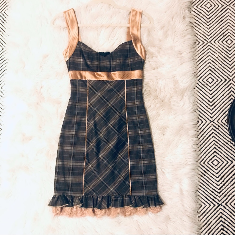 BEBE Plaid Dress with Piping and Ruffles